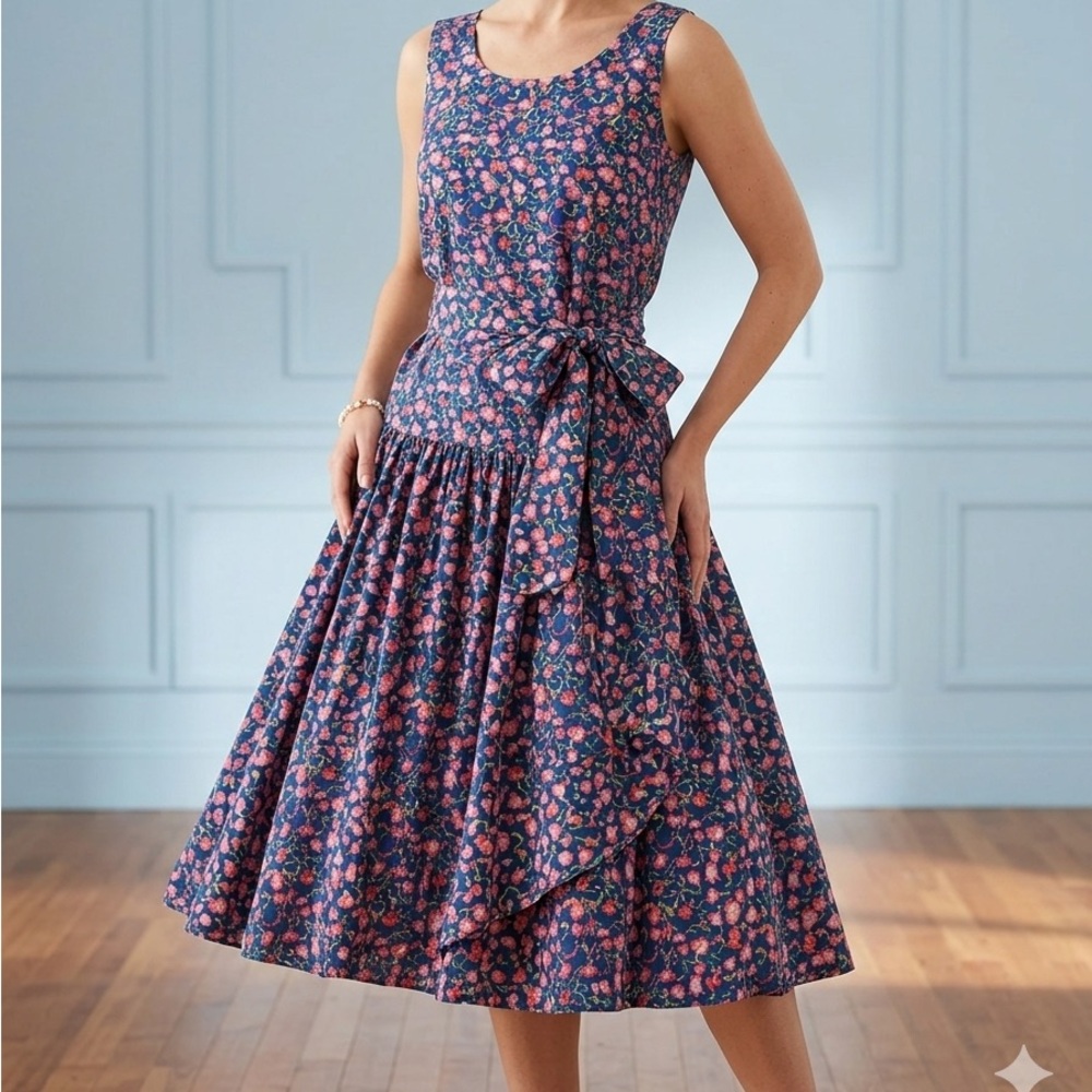 Floral Tie-Waist dropped waist Midi Dress like Laura Ashley M cotton vintage